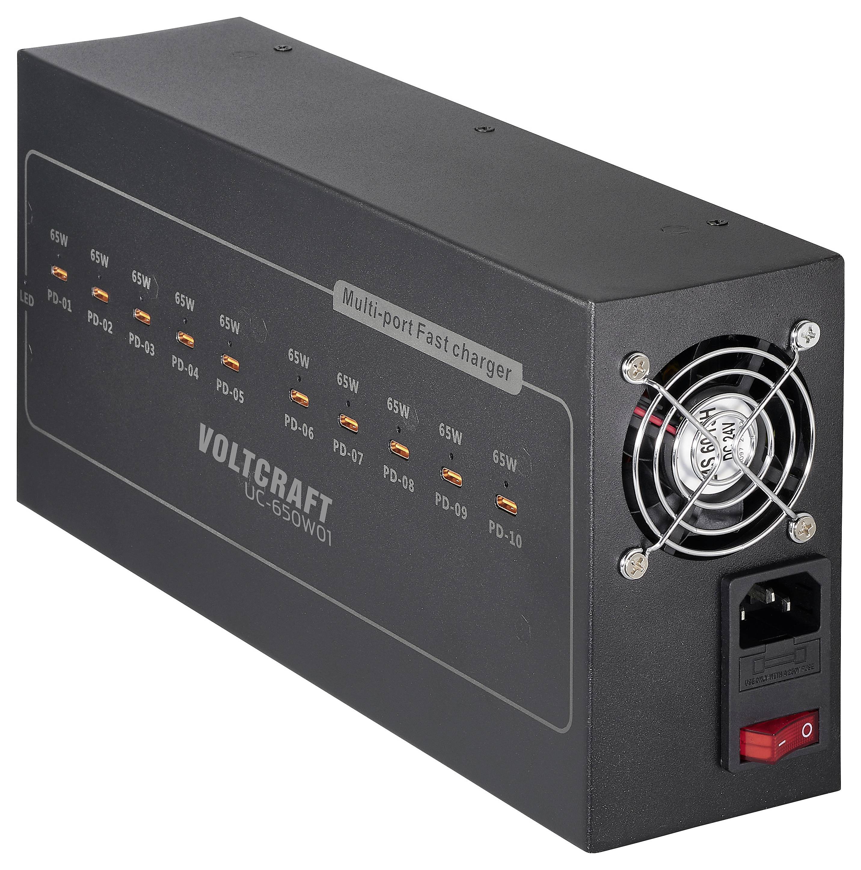 Zwarte VOLTCRAFT multi-poort snellader met 10 USB-C PD-poorten, koelventilator, AC-stromingang en rood aan/uit-schakelaar.