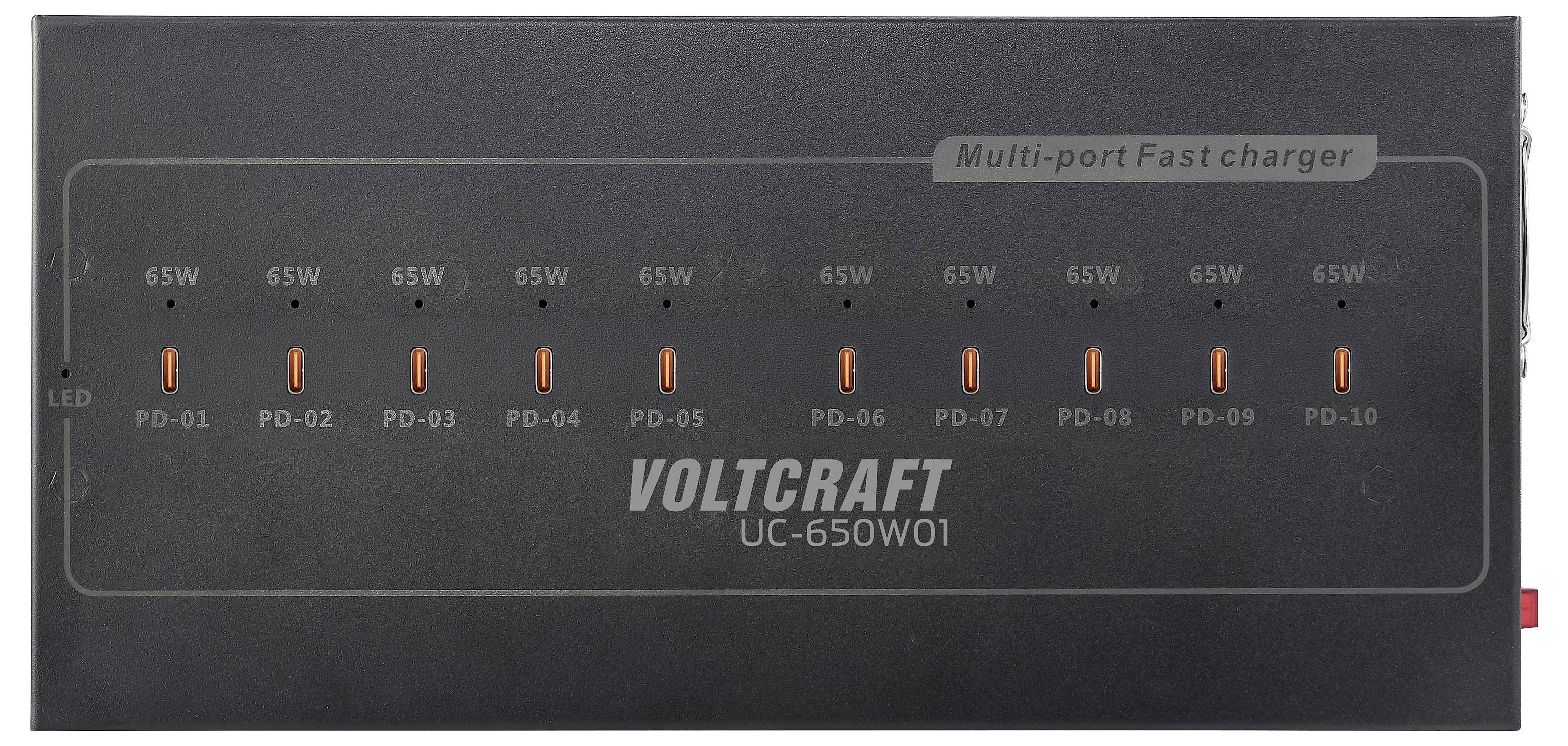 Vooraanzicht van een VOLTCRAFT UC-650W01 multi-poorts sneloplader met tien gelabelde USB-poorten (PD-01 tot PD-10), elk gemarkeerd met 65W.