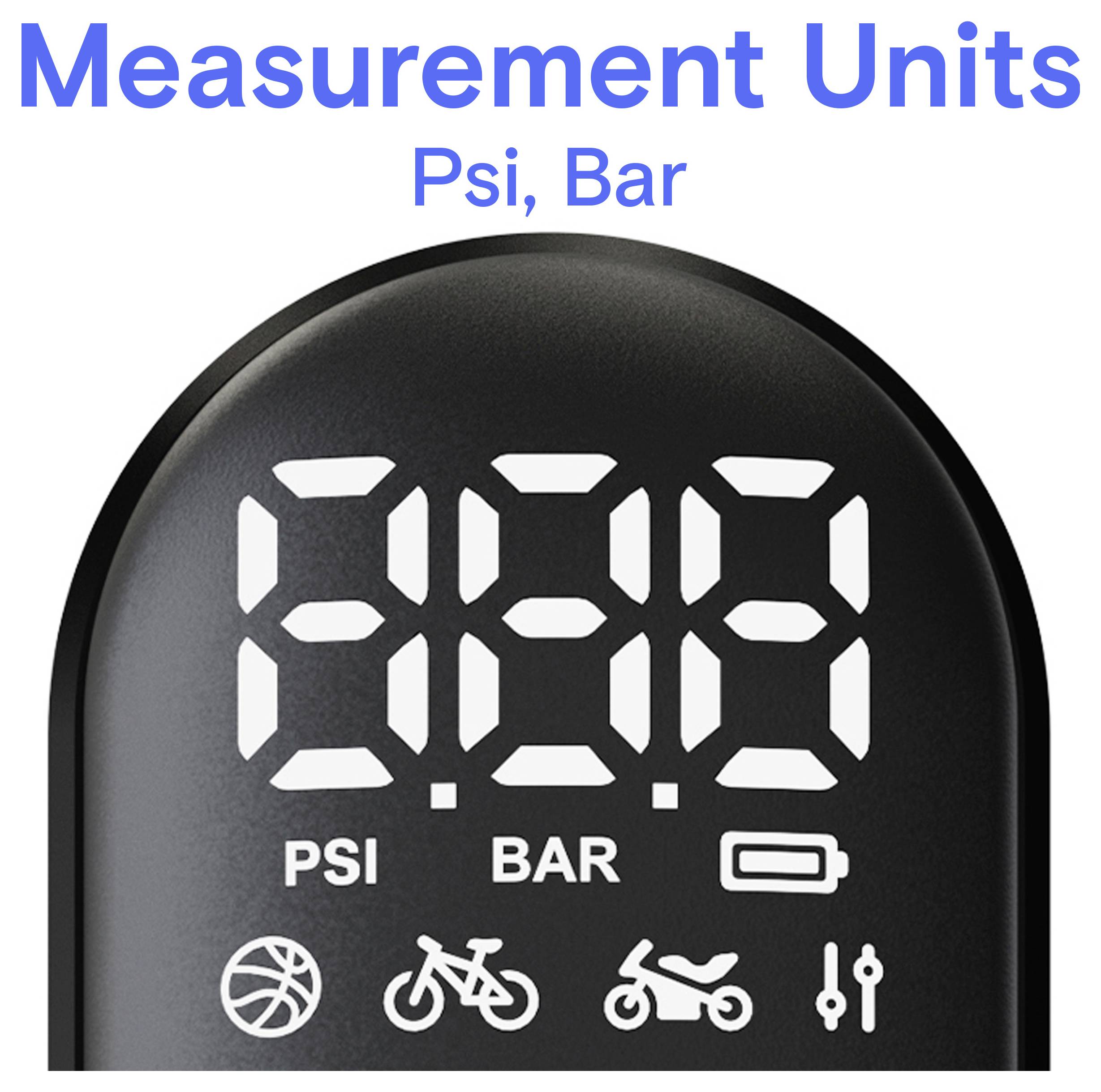 Digitale manometer met het label 'Maateenheden' met PSI en BAR en pictogrammen voor basketbal, fiets, motorfiets en instellingen.