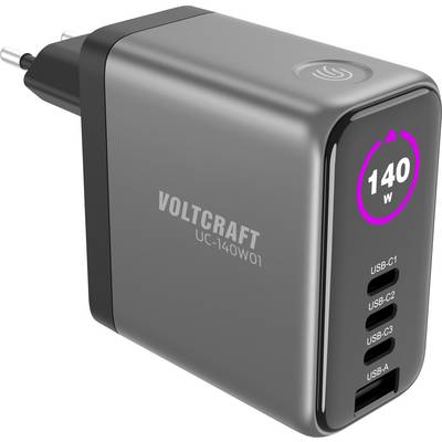 Grijze Voltcraft 140W wandlader met vier USB-poorten en stroompictogram bovenop, weergegeven in schuin aanzicht.