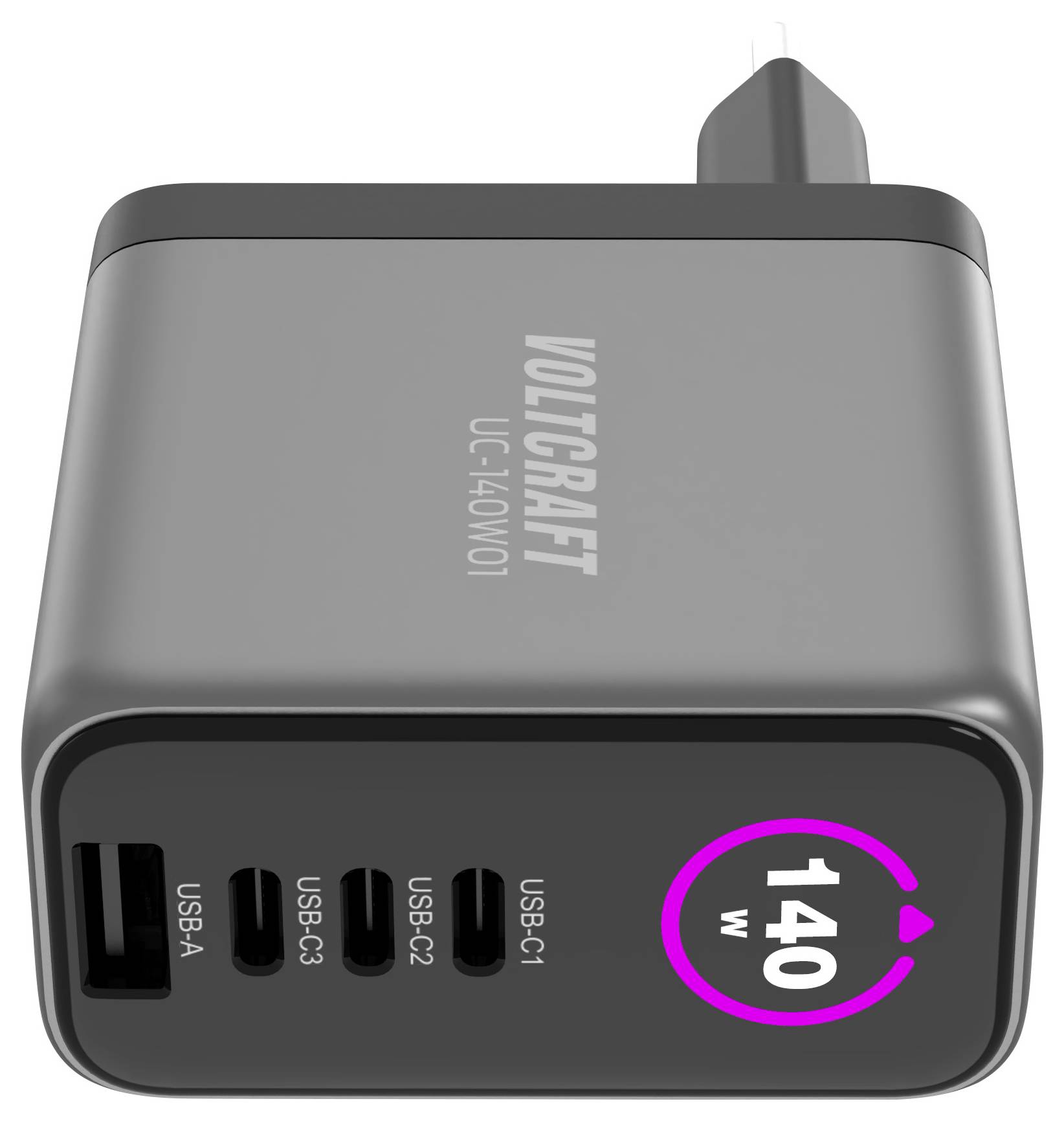 Een zwarte Voltcraft-oplader met vier USB-poorten met labels USB-A, USB-C1, USB-C2, USB-C3. Een indicator '140 W' is gemarkeerd in roze.