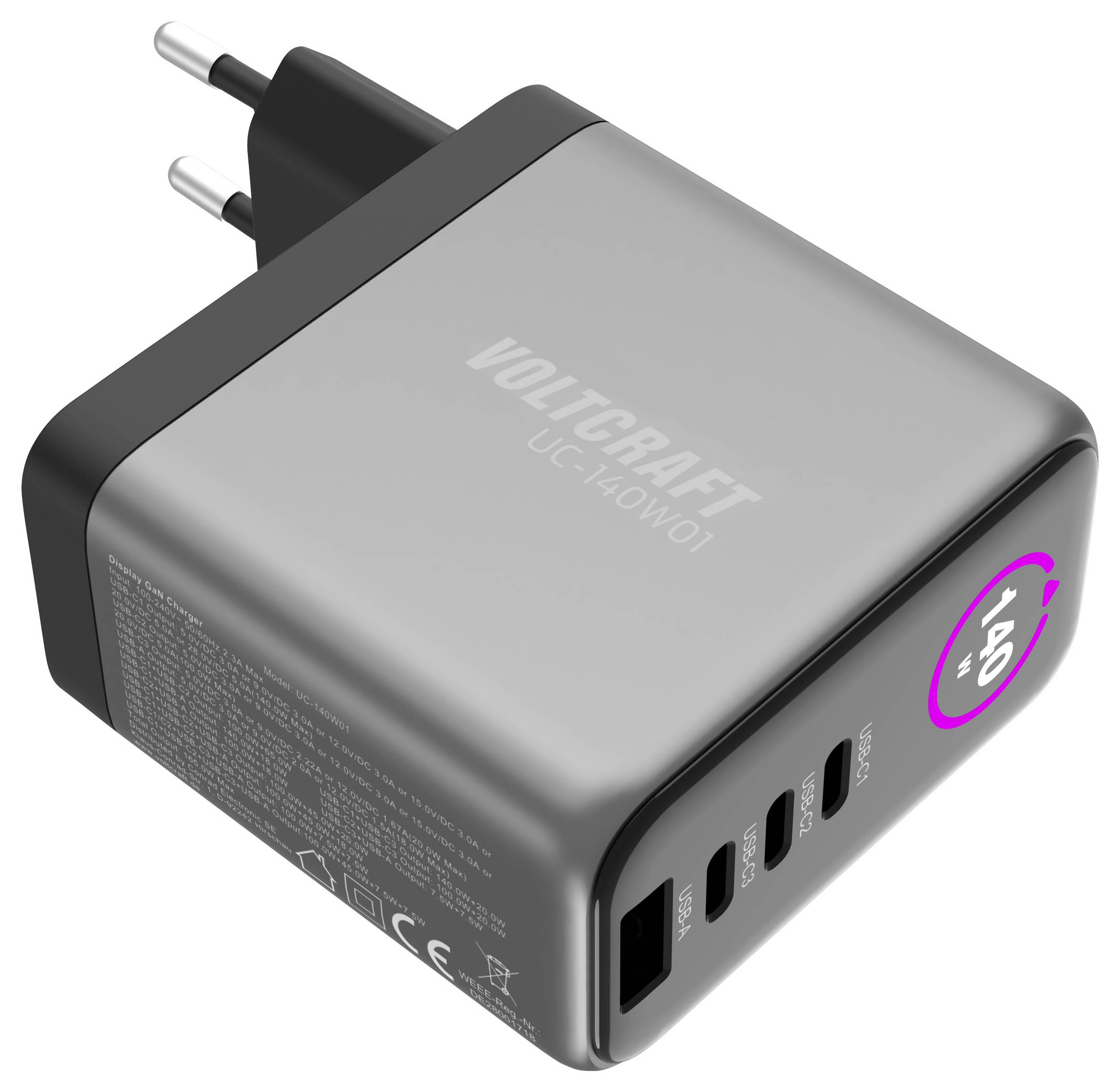 'Een grijze VOLTCRAFT USB-wandlader, model UC-140W01, met meerdere poorten en gelabeld met '140W' op de zijkant.'