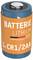 Een cilindrische batterij met een oranje label waarop staat 'BATTERIE LITHIUM GERMAN QUALITY CHECK 1xCR1/2AA', met een plusteken bovenop.