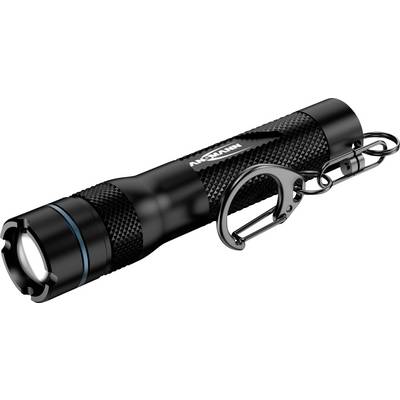 Een compacte zwarte zaklamp met een gestructureerde greep en een sleutelhangerring, ontworpen voor draagbaarheid en gebruiksgemak.
