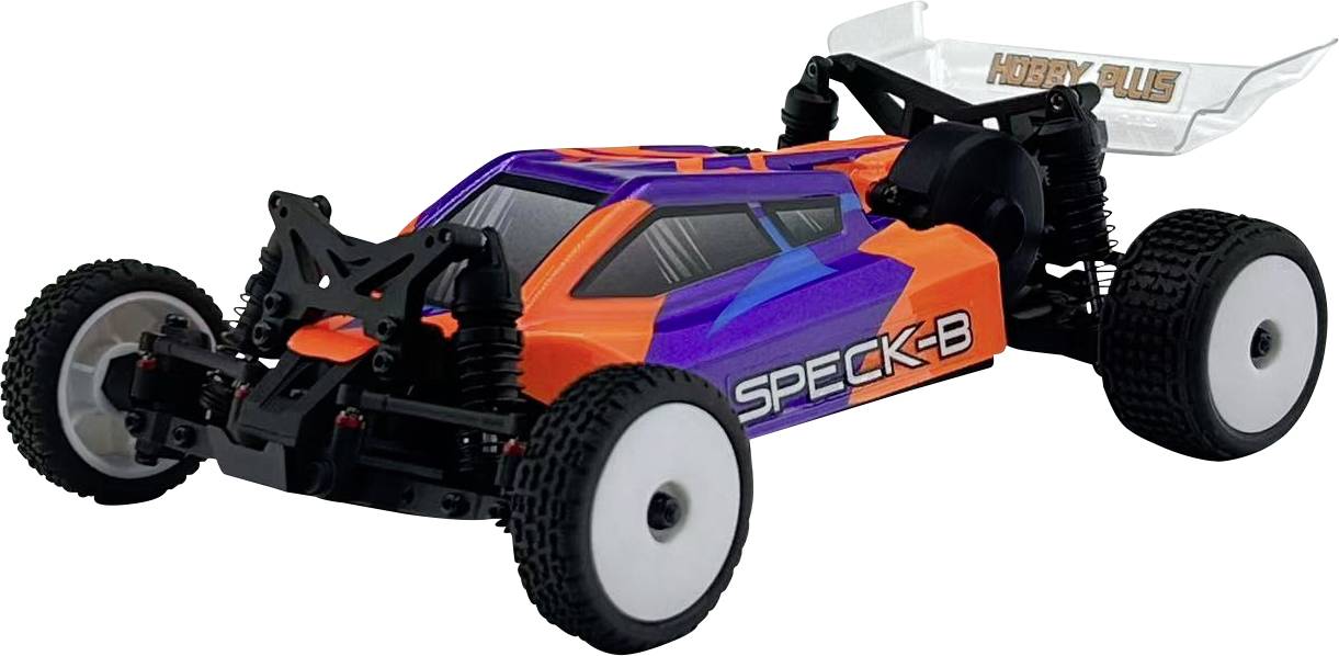 Een oranje en paarse afstandsbestuurbare auto met zwarte vering en witte wielen staat op een witte achtergrond, waarbij zijn ontwerp wordt tentoongesteld.