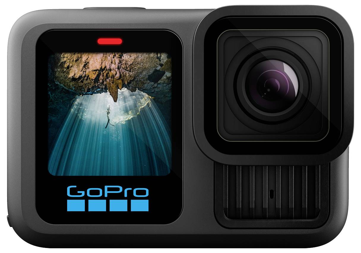 Een GoPro-camera met een onderwater grottoegang op het display-scherm, waarbij lichtstralen door het water heen breken, gezien vanuit een onderzijds perspectief.