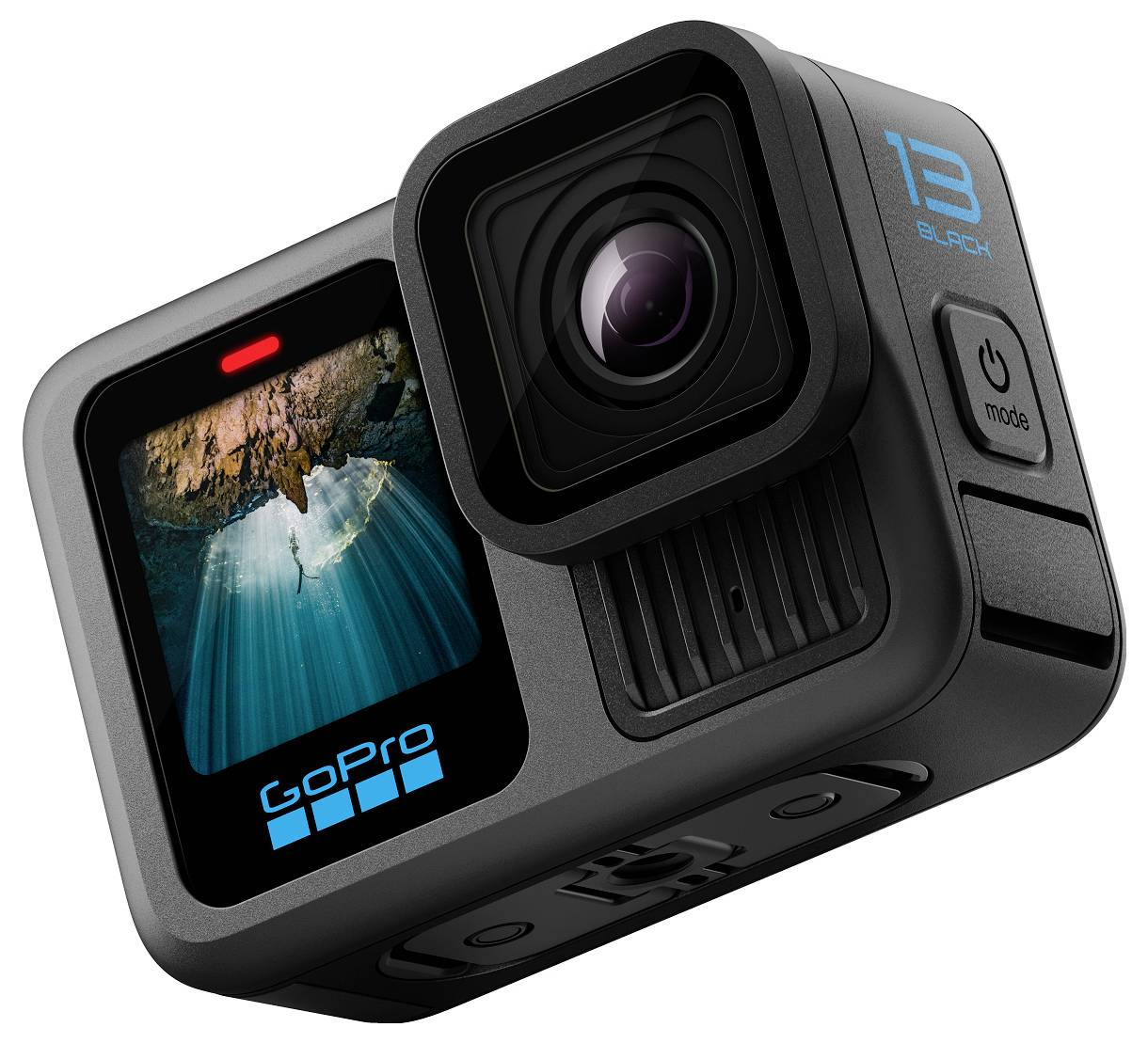Een GoPro Hero13 Black camera met een robuust ontwerp met een voorste display dat een onderwaterscène weergeeft.