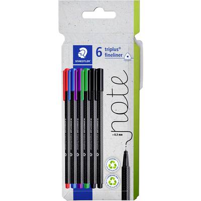 Verpakking van 'Staedtler triplus fineliner' bevat zes pennen in verschillende kleuren, gelabeld als 0,3 mm. Inclusief recyclingssymbool op de verpakking.