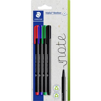 Een set van vier Staedtler triplus fineliner pennen in rood, blauw, groen en zwart. De verpakking benadrukt 'note' en milieuvriendelijke symbolen.