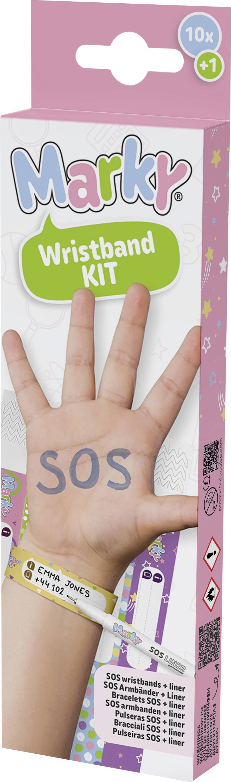 'Marky Polsband Kit' verpakking toont een kinderhand met 'SOS' erop geschreven. Bevat 10 polsbanden voor noodgevallen.