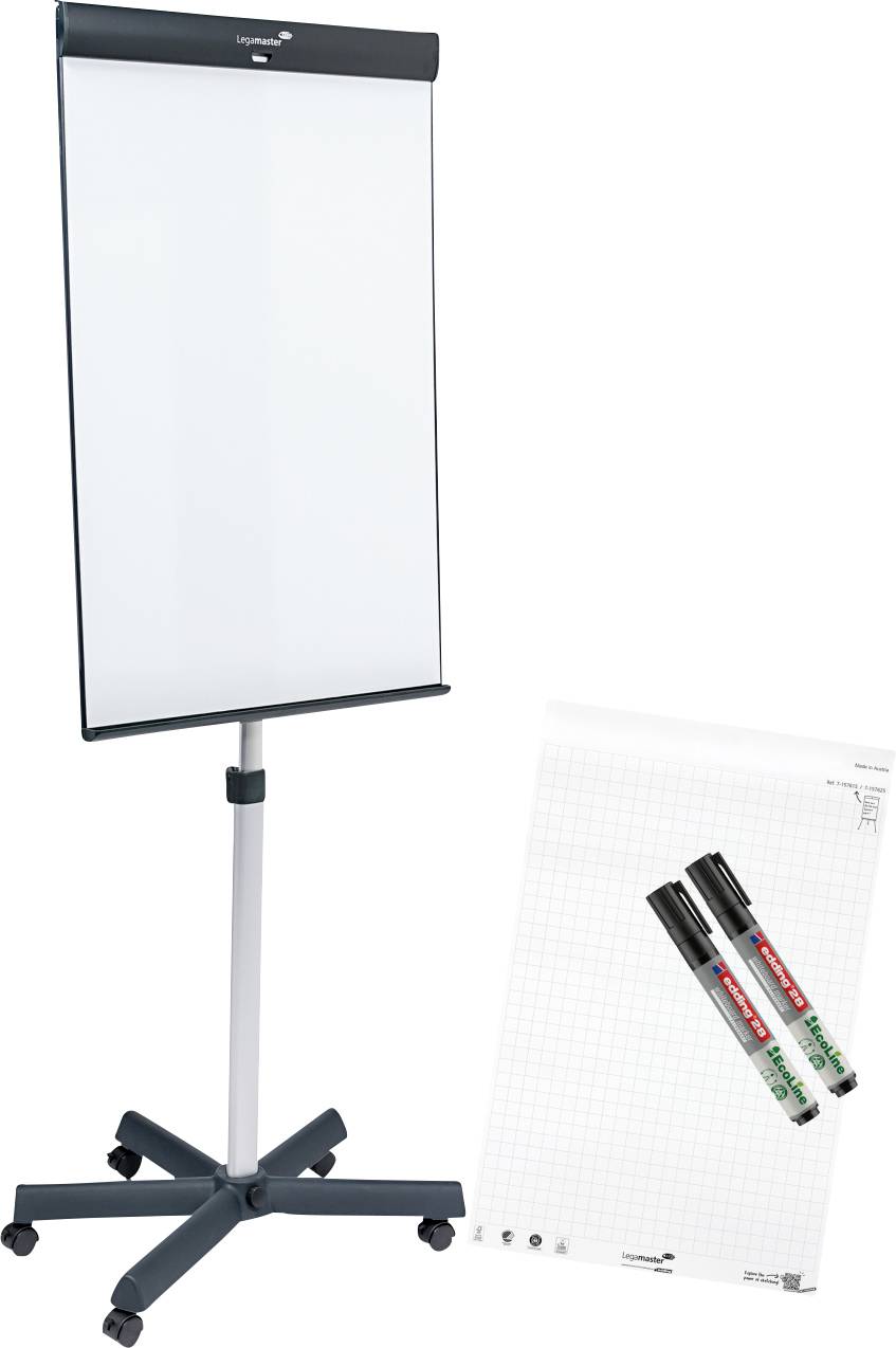 Een blanco flip-over op een standaard met een schildersezel, voorzien van een bijgevoegd blad en drie stiften in zwart, rood en groen.