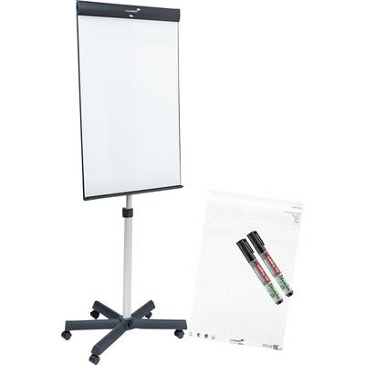 Een blanco flip-over op een standaard met een schildersezel, voorzien van een bijgevoegd blad en drie stiften in zwart, rood en groen.