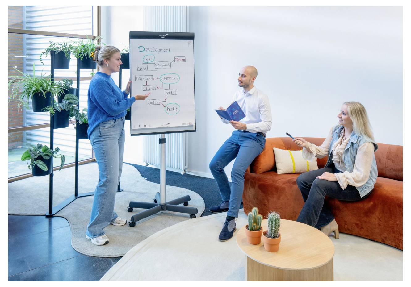 Een groep van drie personen in een informele vergadering. Één persoon staat bij een flipover, terwijl twee anderen op een bank zitten te discussiëren. Planten versieren de ruimte.