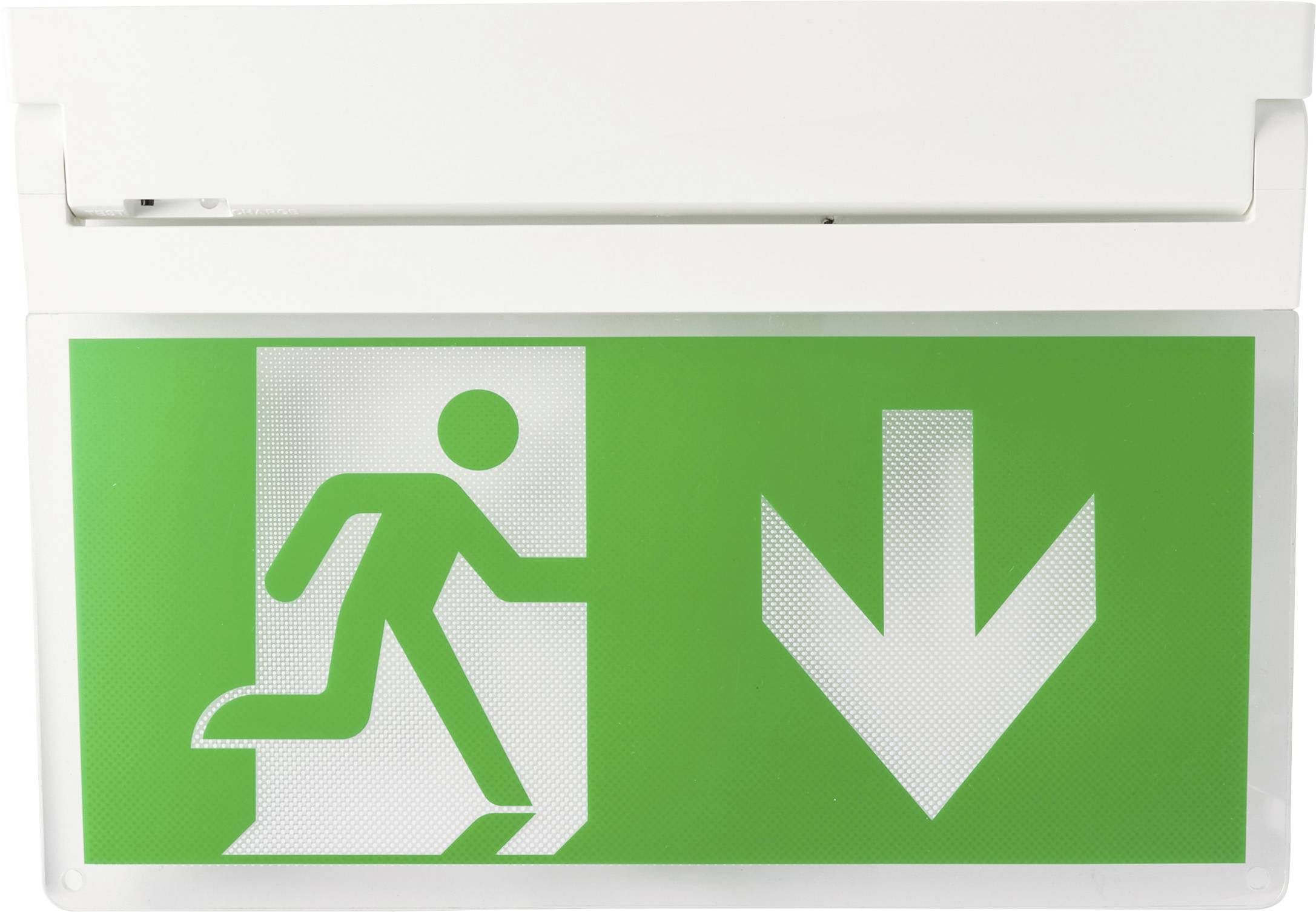 "Nooduitgang"-bord met een persoon die door een deur loopt en een pijl naar beneden wijzend, wat de richting voor evacuatie aangeeft.