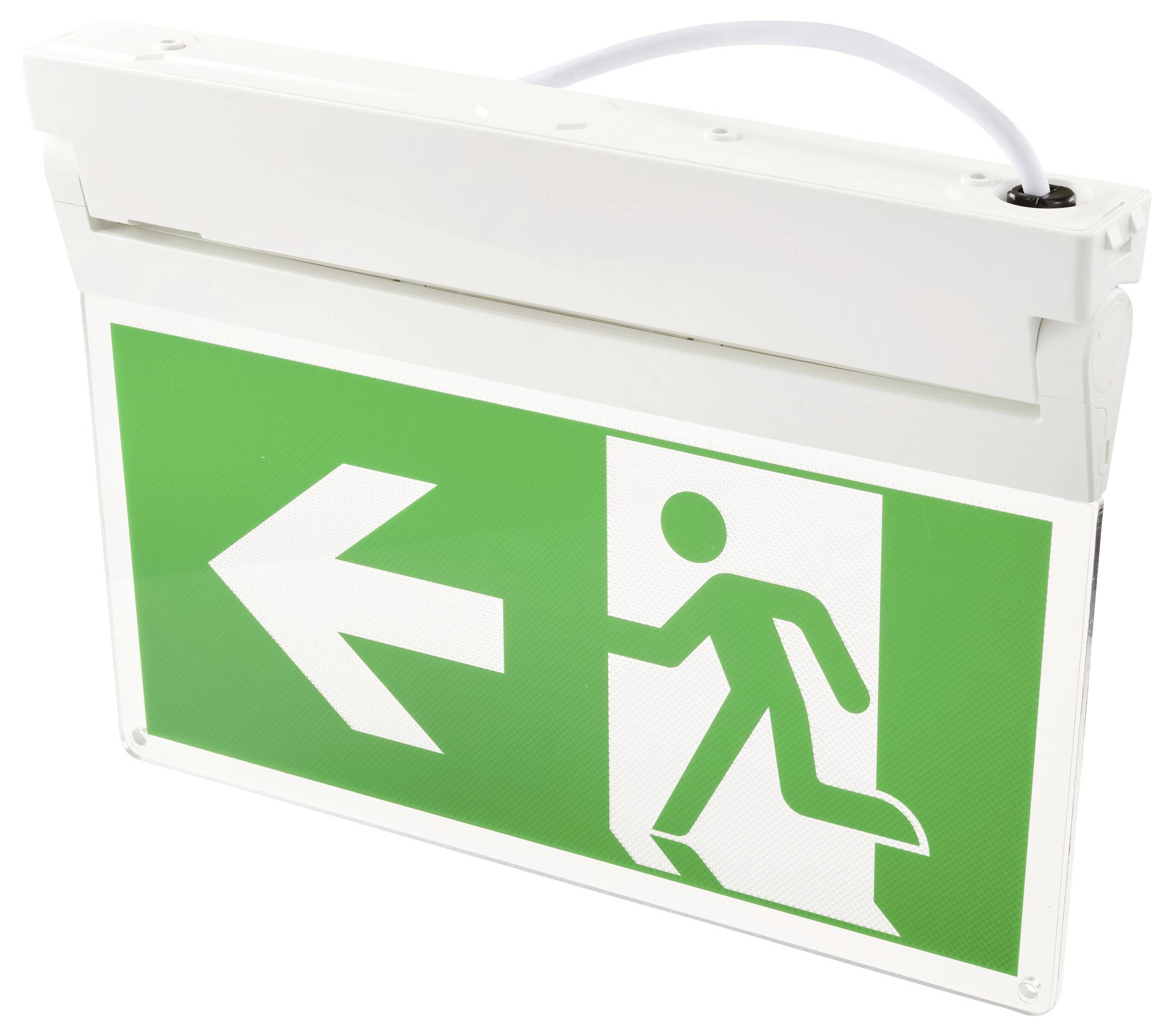 Nooduitgang bord met groene achtergrond met een witte figuur die naar links loopt door een deur, wat de evacuatierichting aangeeft.