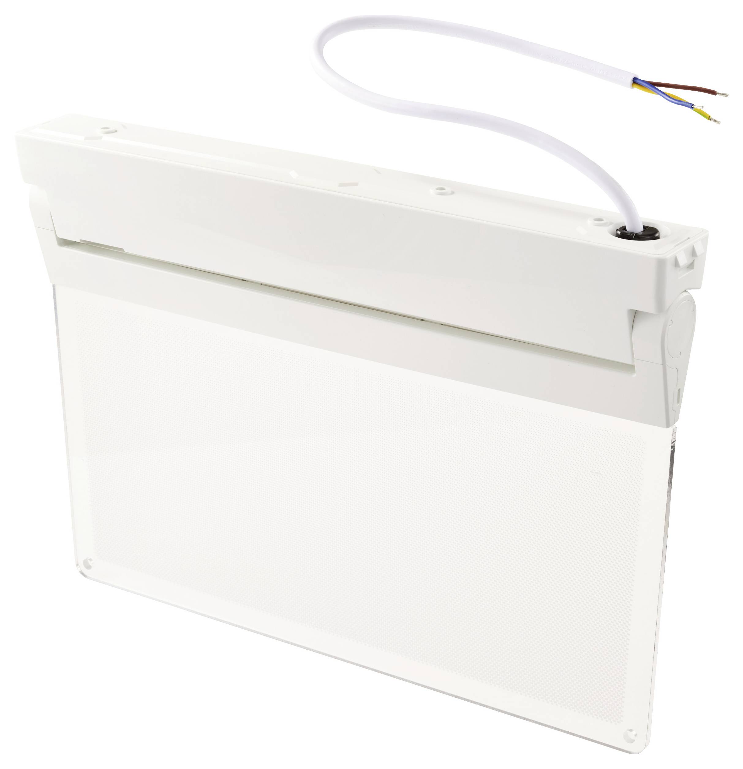 Een witte rechthoekige LED-paneelverlichting met een losgekoppelde elektrische kabel die uit de rechterbovenhoek steekt, voor installatie in plafonds.