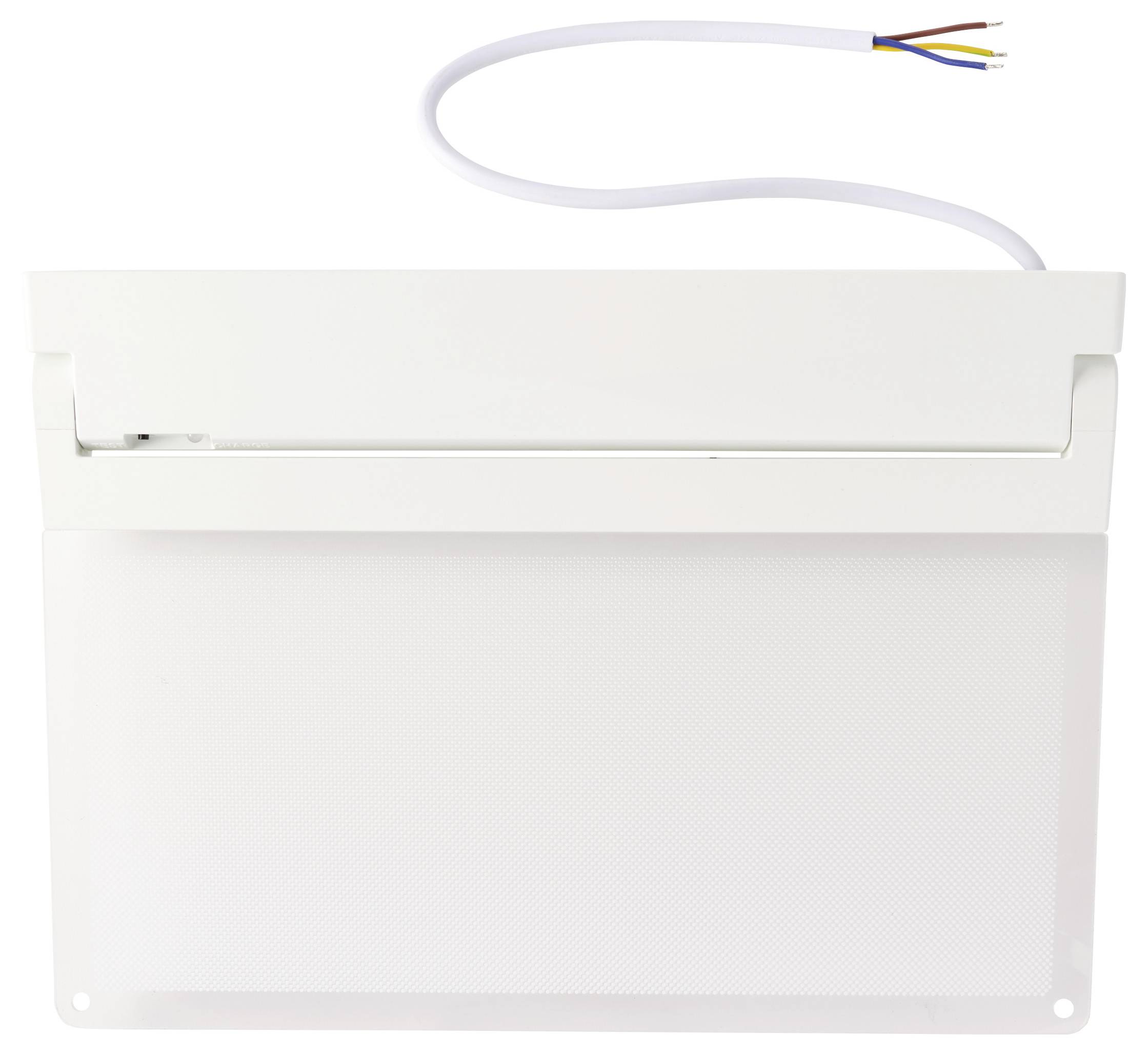 'Een witte aan de muur gemonteerde LED-verlichtingsarmatuur met een matglazen kap en drie blootliggende draden voor installatie.'