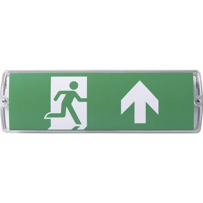 'Nooduitgang'-bord met een persoon die door een deur rent en een pijl die omhoog wijst, aangevend de richting van de nooduitgang.