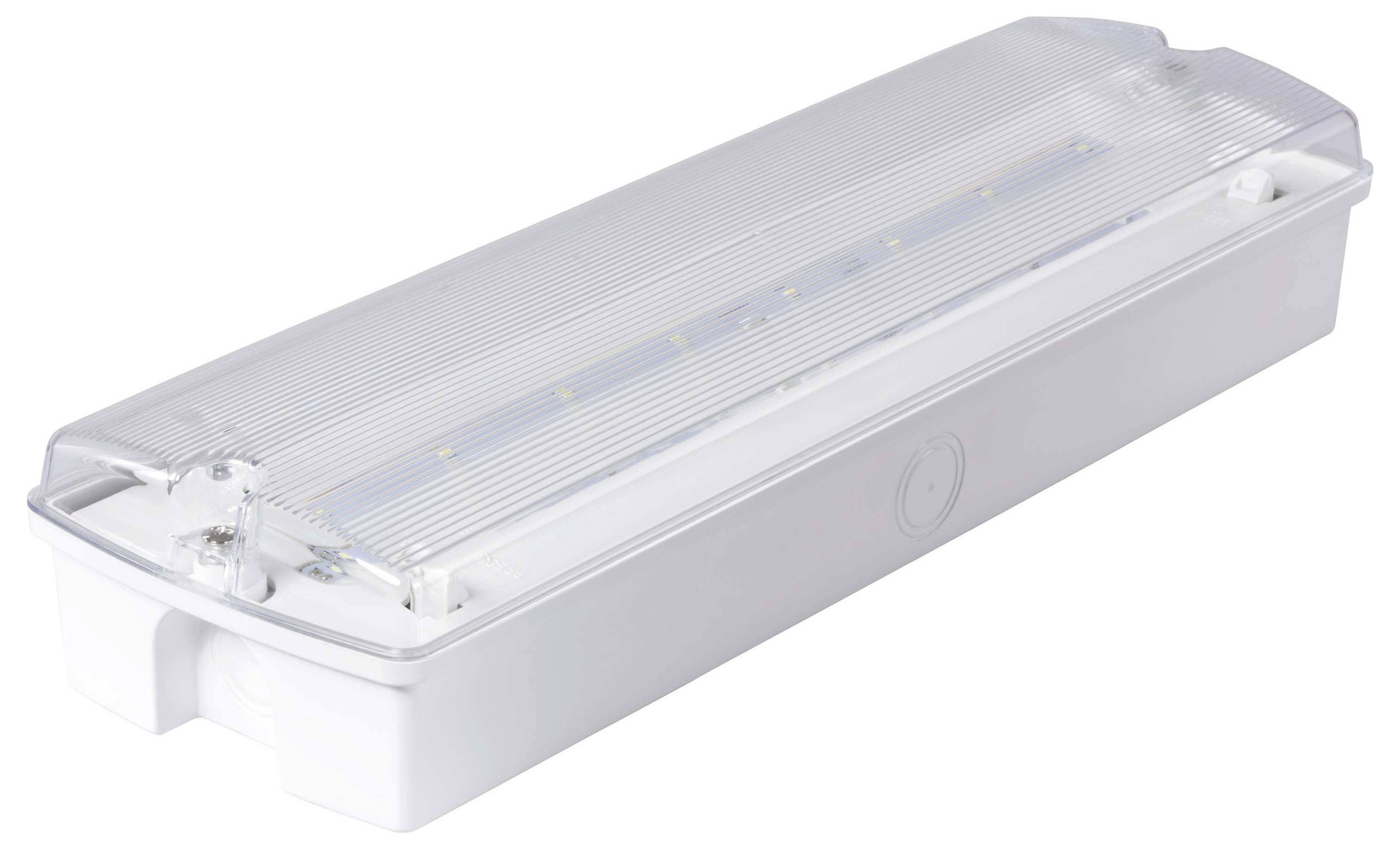 Rechthoekige LED-noodverlichting met een doorzichtig deksel, voorzien van een reeks kleine LED-lampen binnenin, ontworpen voor montage aan de wand of plafond.