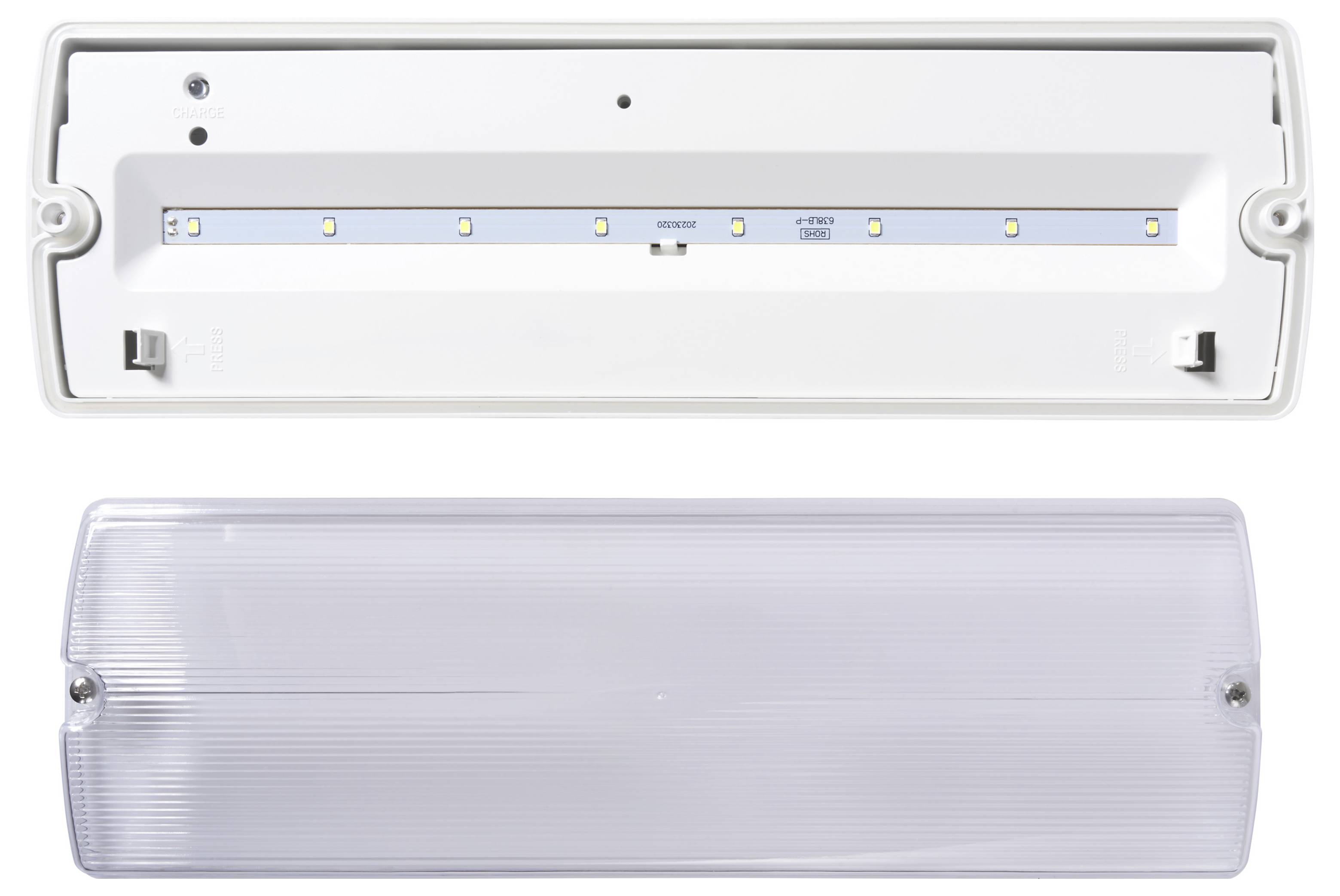 Een rechthoekige witte LED-noodverlichting met afneembare transparante afdekking, vaak gebruikt in commerciële of industriële omgevingen voor noodverlichting.