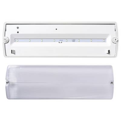 Een rechthoekige witte LED-noodverlichting met afneembare transparante afdekking, vaak gebruikt in commerciële of industriële omgevingen voor noodverlichting.
