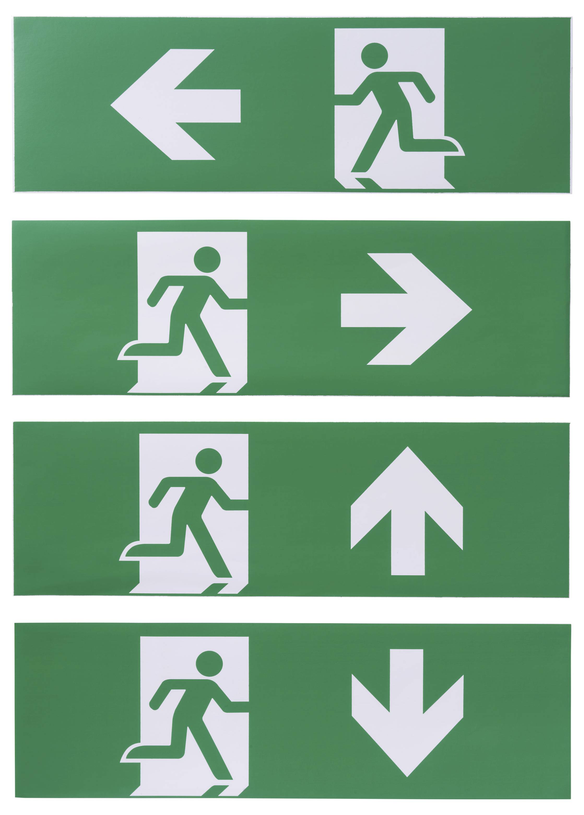 Nooduitgangborden met een persoon die naar een deur rent, met pijlen die naar links, rechts en omlaag wijzen, die ontsnappingsroutes aangeven.
