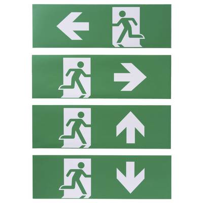 Nooduitgangborden met een persoon die naar een deur rent, met pijlen die naar links, rechts en omlaag wijzen, die ontsnappingsroutes aangeven.