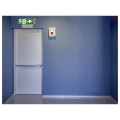 'Afbeelding van een gesloten witte nooduitgangdeur in een kamer met blauwe muren, met een verlicht groen uitgangsbordje erboven, waarop een persoon die rent is afgebeeld.'