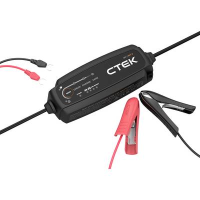 Een CTEK-acculader met bevestigde klemmen. De lader toont modi zoals 'Controle', 'Opladen' en 'Onderhoud', met indicatielampjes.