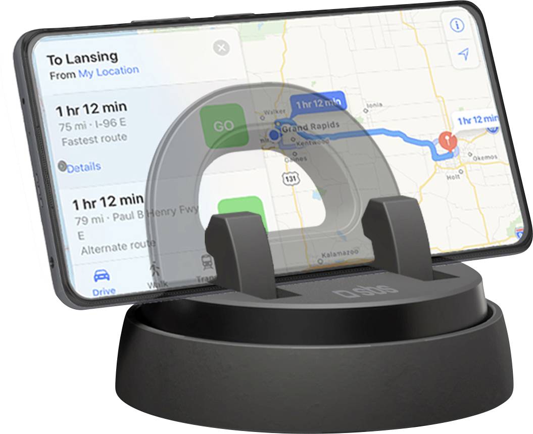 Een smartphone met een navigatiekaart waarop een route is gemarkeerd van Grand Rapids naar Lansing, met een reistijd van 1 uur en 12 minuten.