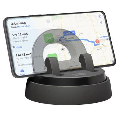 Een smartphone met een navigatiekaart waarop een route is gemarkeerd van Grand Rapids naar Lansing, met een reistijd van 1 uur en 12 minuten.