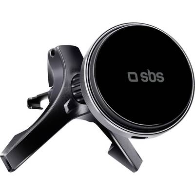 Een zwarte magnetische autotelefoonhouder met 'sbs' logo, ontworpen voor dashboardmontage, met verstelbare arm en compact design.