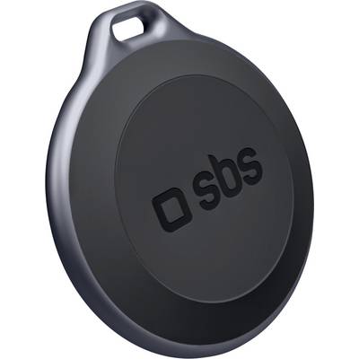Een zwarte ronde sleutelzoeker met 'sbs' logo. Voorzien van een klein gaatje voor bevestiging aan sleutels of tassen.