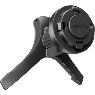 Een zwarte kunststof wandof plafondbevestiging met een verstelbare, ronde vergrendelingsmechanisme gelabeld 'Lock Pro'.