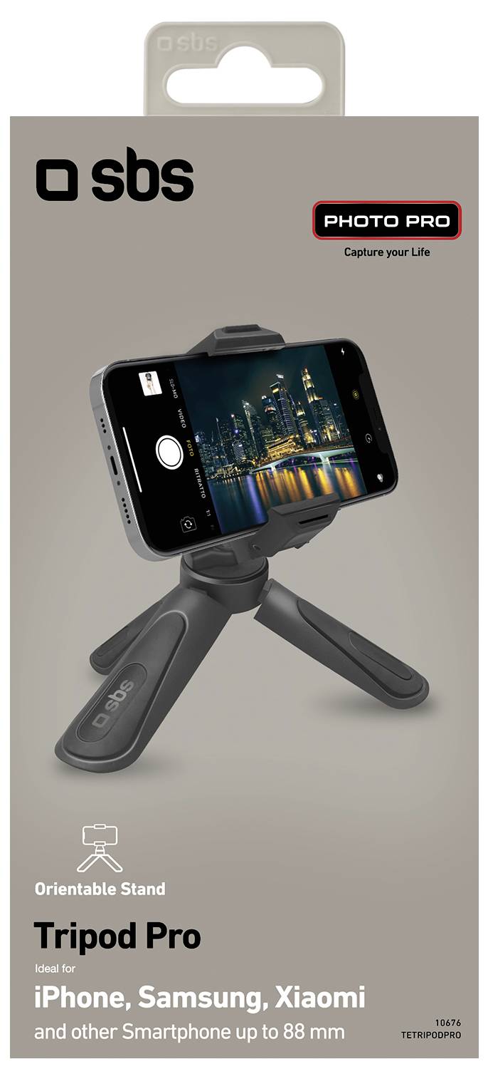 Een compact statief getiteld 'Tripod Pro' met een smartphone eraan bevestigd, met een stadslandschap op de achtergrond. Compatibel met verschillende smartphones tot 88 mm.