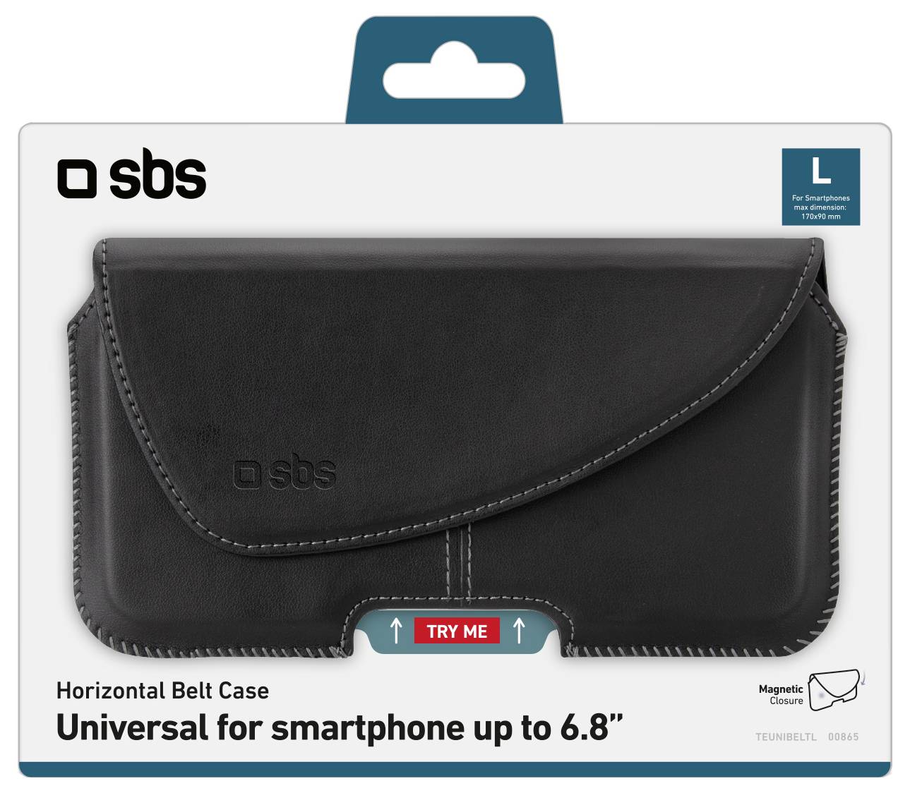 'Universele riemtas voor smartphones tot 6,8 inch van SBS.' Zwarte horizontale tas met magnetische sluiting en 'Probeer mij'-etiket op de verpakking.