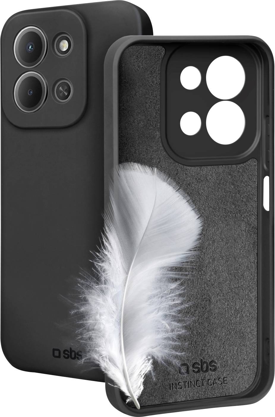Twee zwarte SBS smartphone hoesjes, waarvan één een zacht wit verenontwerp heeft, dat het lichte beschermende karakter benadrukt.