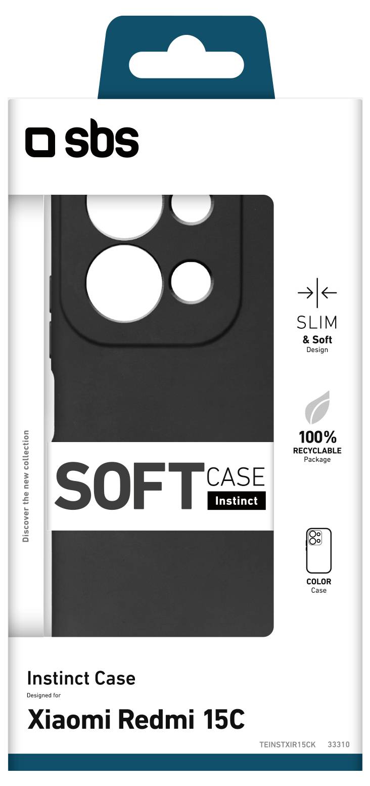 Zwarte telefoonhoesje verpakking voor Xiaomi Redmi 15C, gelabeld met 'Slim & Soft' design, '100% Recycleerbare verpakking'.