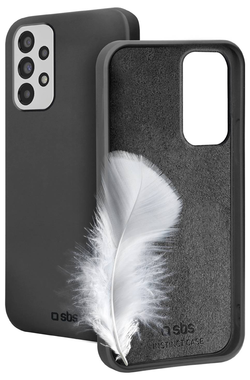 Een zwarte smartphonehoesje met zacht interieur met een witte veer, wat aangeeft dat de focus op voorzichtige bescherming ligt.