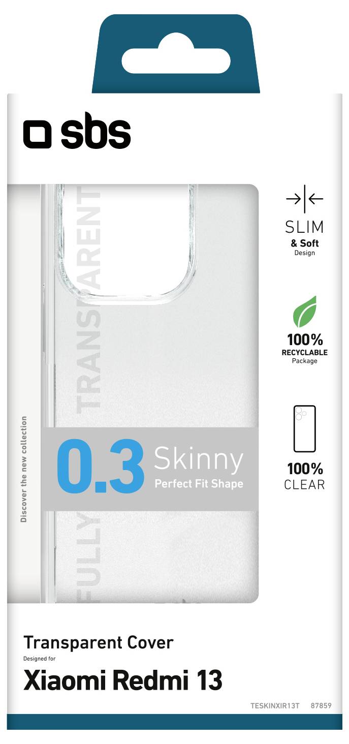 Transparante telefoonhoesje verpakking voor Xiaomi Redmi 13, met nadruk op kenmerken: slank design, 100% recyclebaar en helder materiaal.