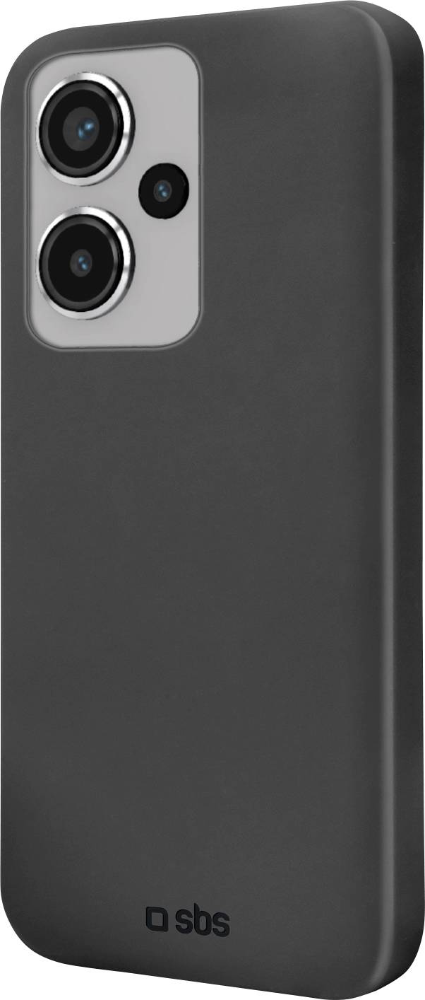 Een slank zwart smartphonehoesje met dubbele camera-uitsnijdingen, met het 'sbs'-logo onderaan.