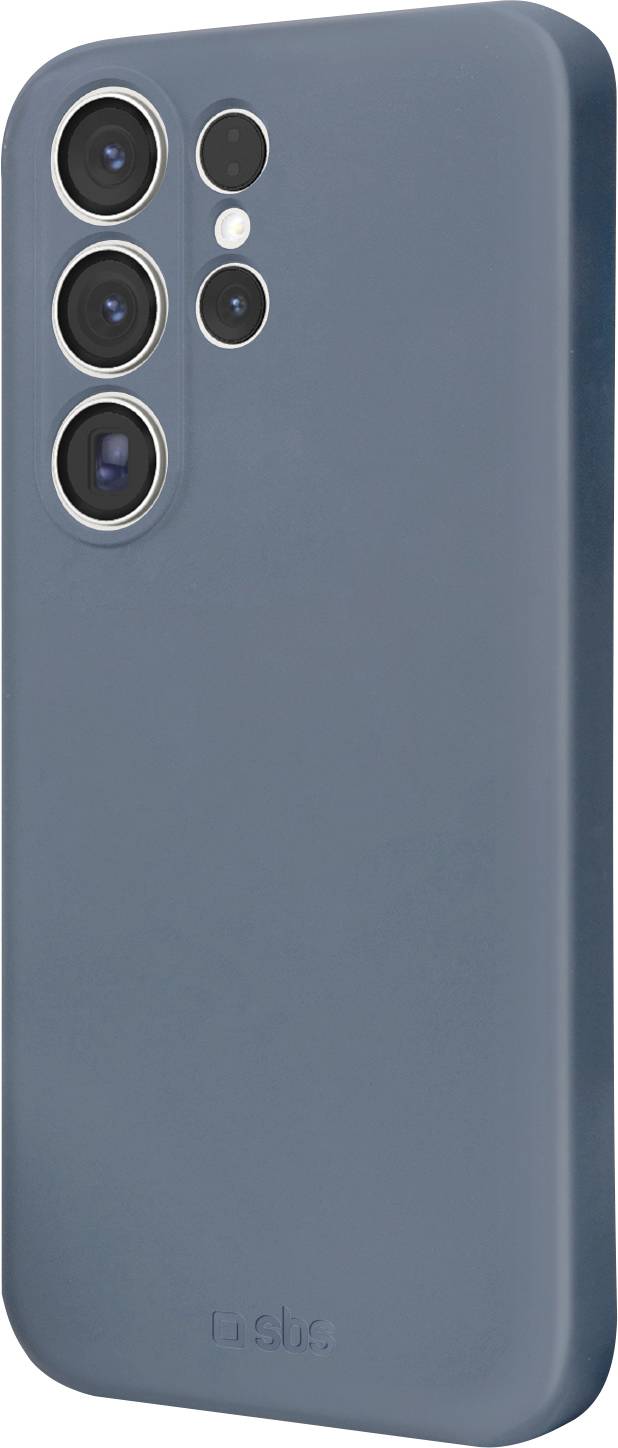 Een zwart smartphonehoesje met drie ronde cameragaten en een SBS-logo, ontworpen voor een triple-cameraconfiguratie op moderne telefoons.