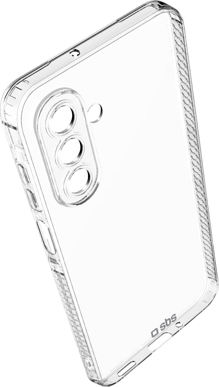 Doorzichtig telefoonhoesje met getextureerde randen, uitsnijdingen voor knoppen en camera, en 'SBS'-logo in de onderhoek.