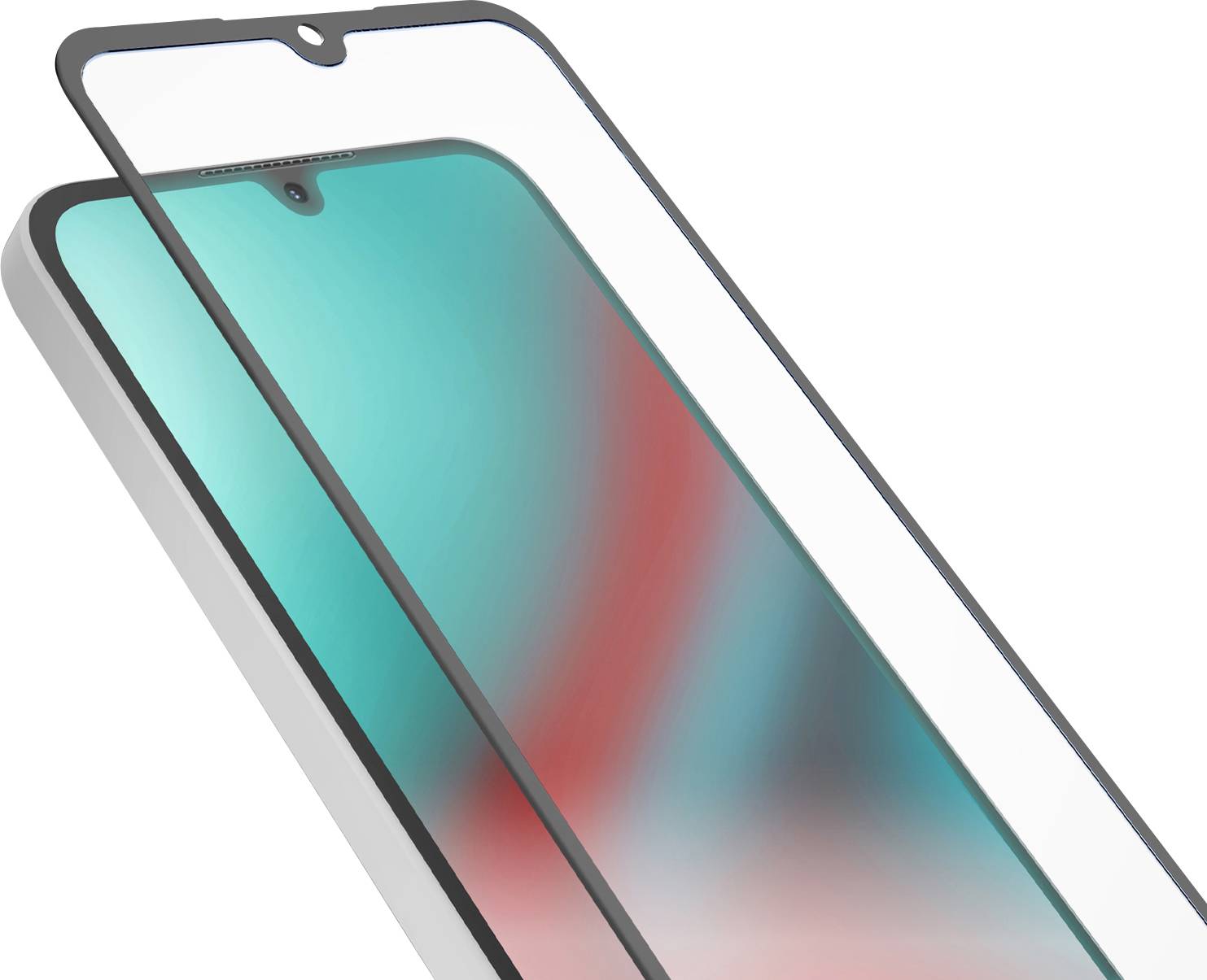 'Een smartphonescherm met een gebogen glazen screenprotector die gedeeltelijk omhoog is getild, waaronder een kleurrijke weergave zichtbaar is.'