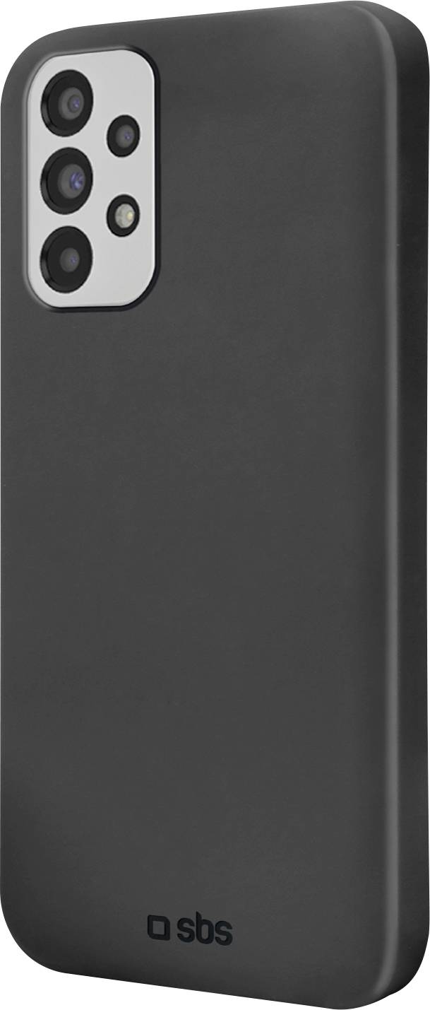Een zwart beschermend telefoonhoesje met uitsnijdingen voor de camera en knoppen, met een minimalistische ontwerp en logo onderaan.