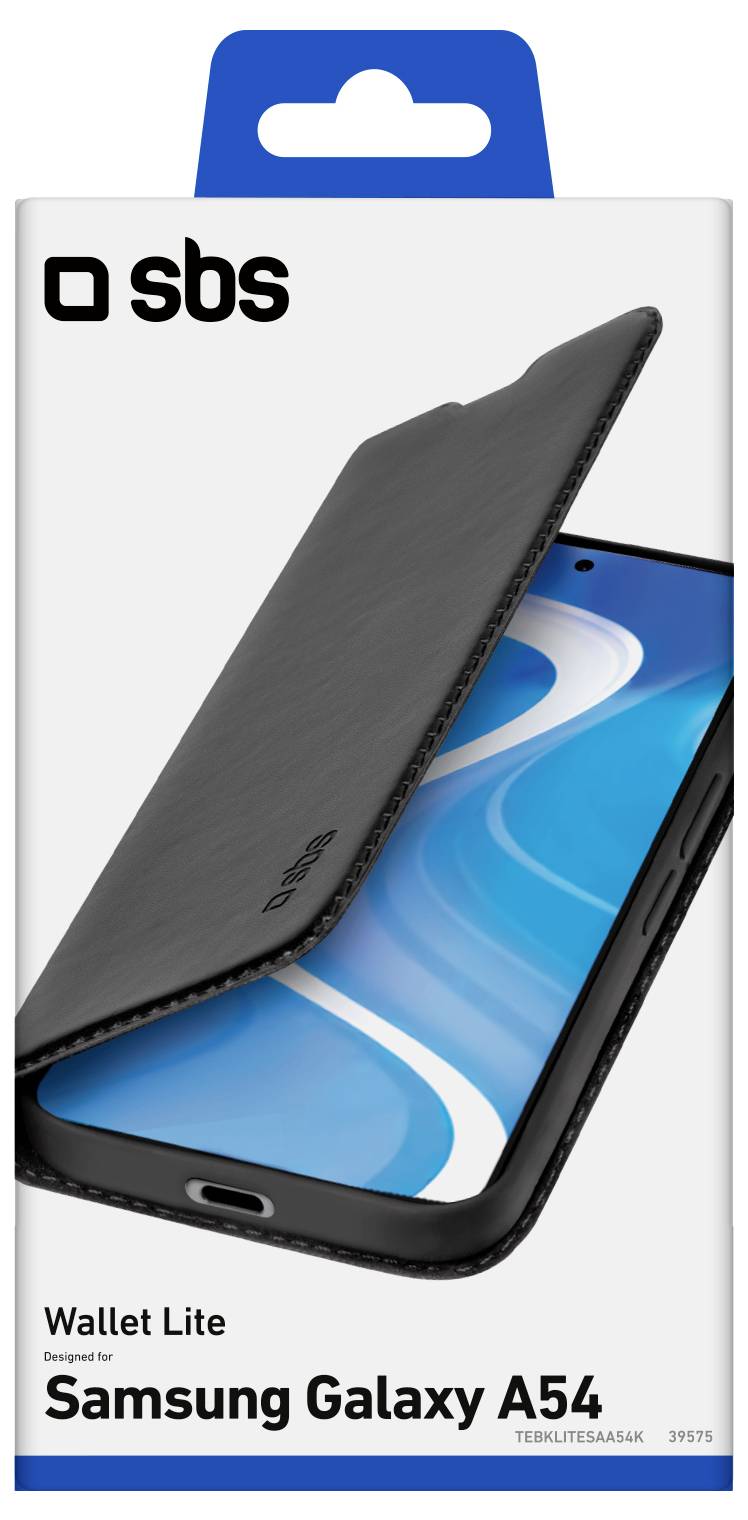 'Wallet Lite hoesje voor Samsung Galaxy A54' verpakking, met een zwarte flipcover die gedeeltelijk het scherm van de telefoon toont tegen een blauwe achtergrond.