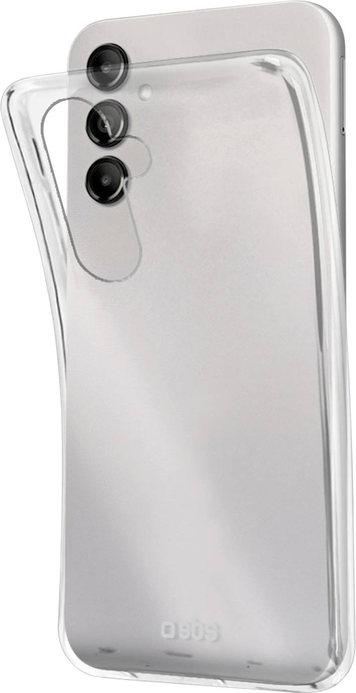 Een smartphone met een duidelijke beschermhoes die gedeeltelijk aangebracht is, waardoor het achterste driedubbele camerasysteem en de zilveren kleur zichtbaar zijn.