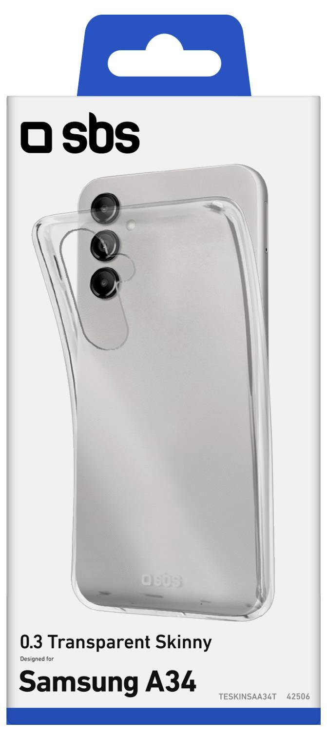 '0.3 Transparent Skinny' telefoonhoesje verpakking voor Samsung A34, met een doorzichtige, flexibele hoes en het SBS-logo.