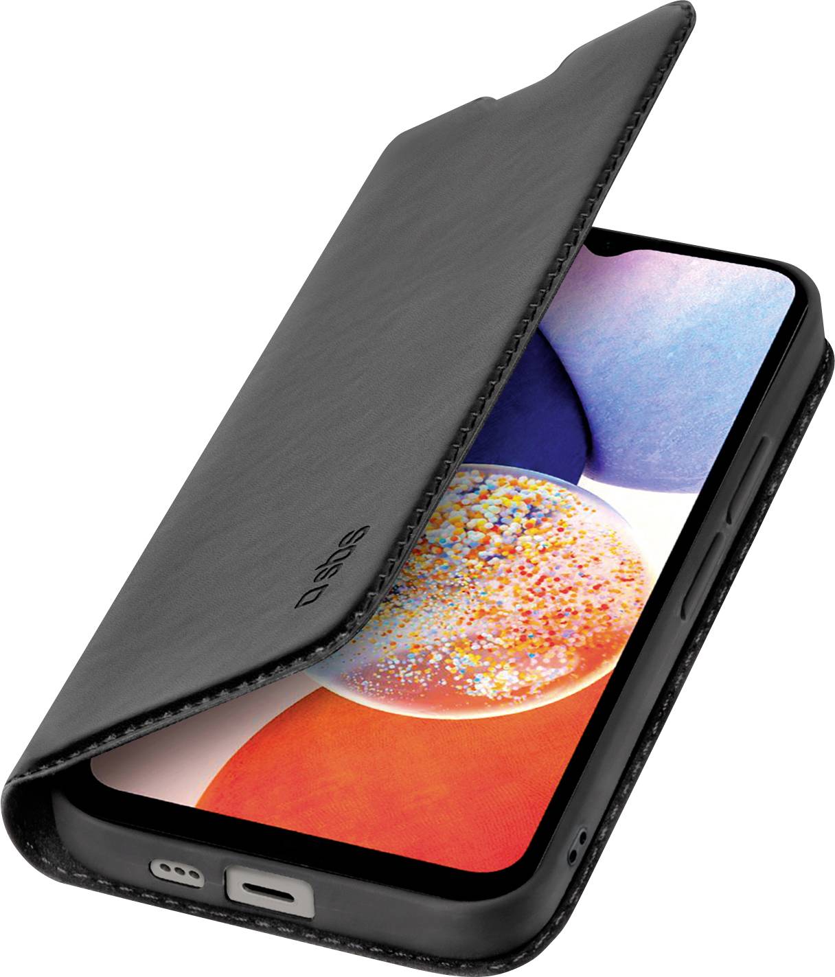 Smartphone met een levendig scherm, gedeeltelijk bedekt door een slanke, zwarte flipcase, met zicht op de laadpoort en luidspreker.
