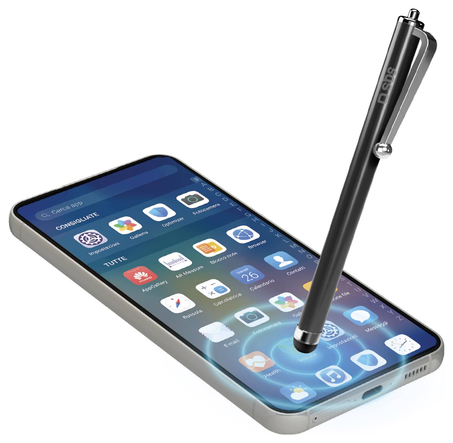 Een smartphone met verschillende app-pictogrammen op het scherm, met een stylus-pen boven het scherm gericht, wat suggereert dat er interactie of digitale notitiëmaking plaatsvindt.